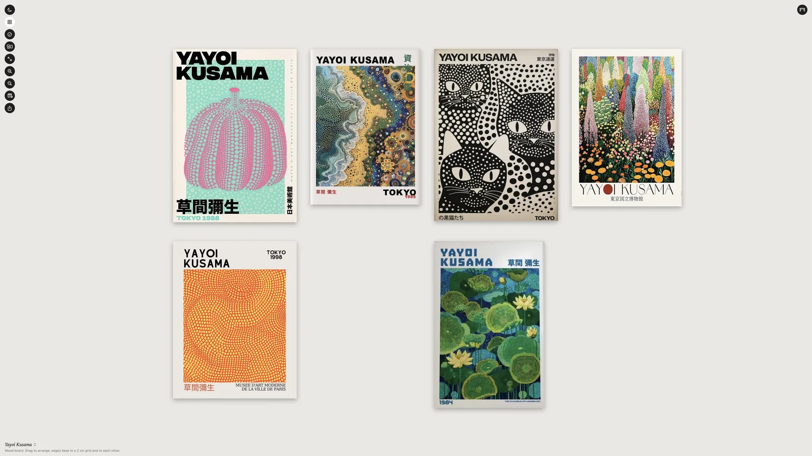 The mood board in Atelier: six Yayoi Kusama exhibition posters arranged on a pale surface.