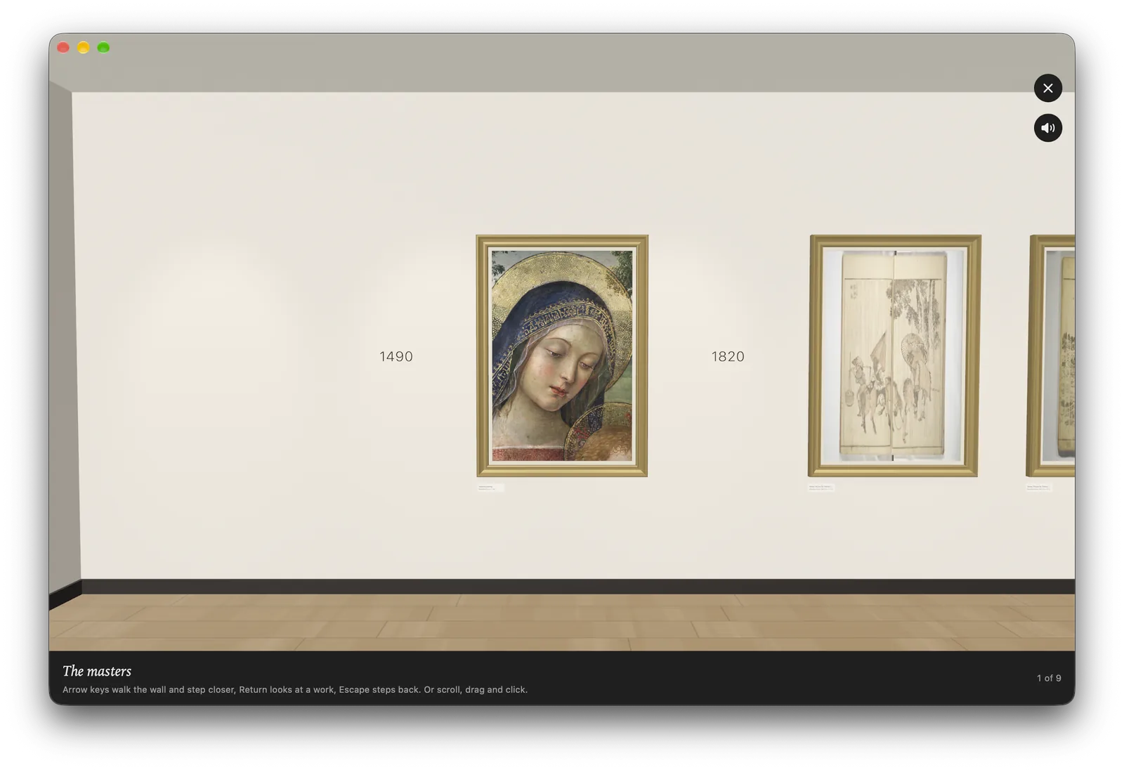 The masters in Atelier on a Mac: a Renaissance Madonna in a gilt frame on a pale wall, the year 1490 beside it, a drawing from 1820 further along.