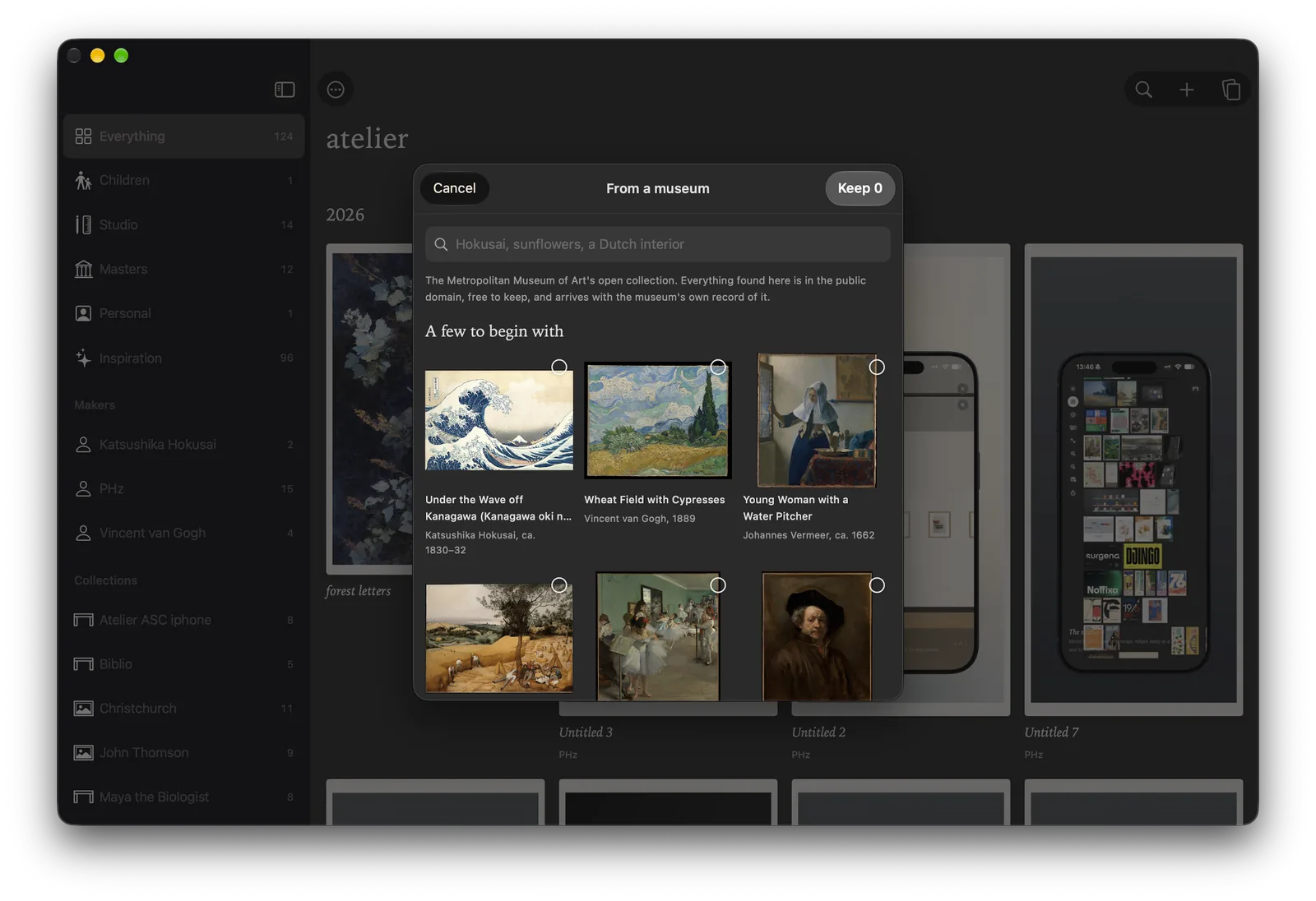 Adding from a museum in Atelier on a Mac: a sheet of public-domain works, including The Great Wave and Wheat Field with Cypresses, over the grid.