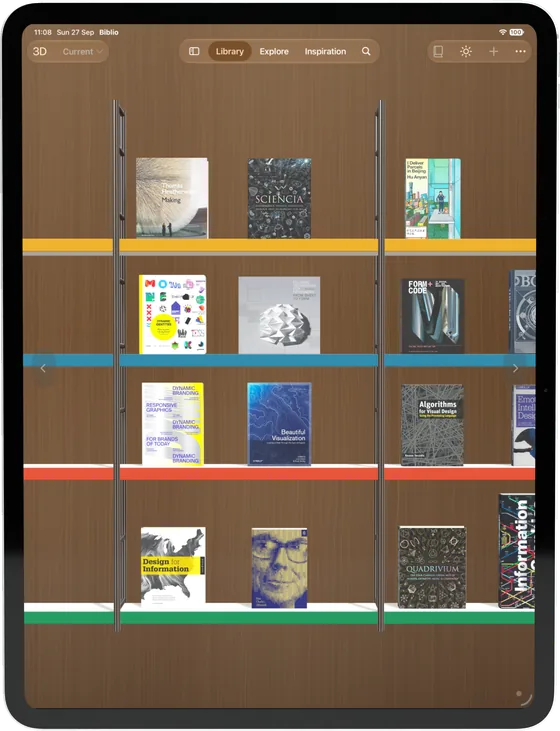 Biblio on iPad: a wooden wall of coloured shelves, hardcovers standing on each tier.