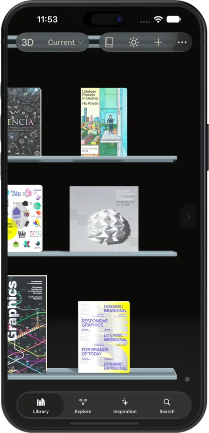 Glass shelves on a black wall, hardcovers on each.