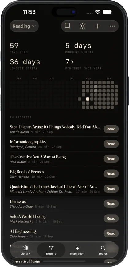 Biblio on iPhone: the reading journal, with days read, the current streak and books in progress.