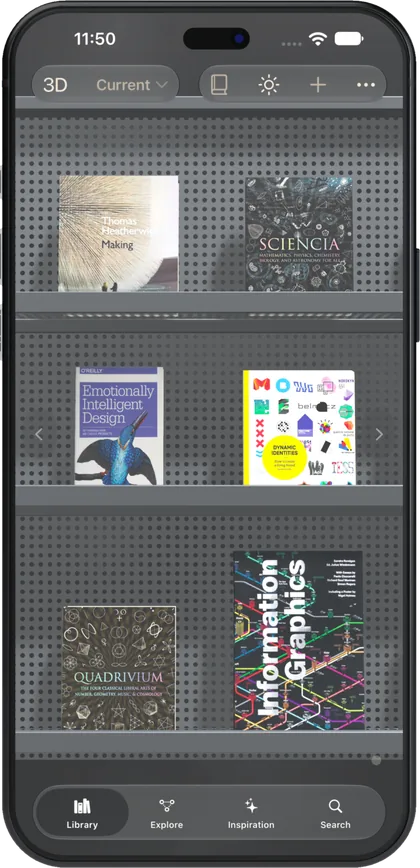 Biblio on iPhone: a pegboard shelf of hardcovers, two per tier.