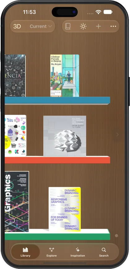 Biblio on iPhone: a wooden shelf with coloured ledges, two books per tier.