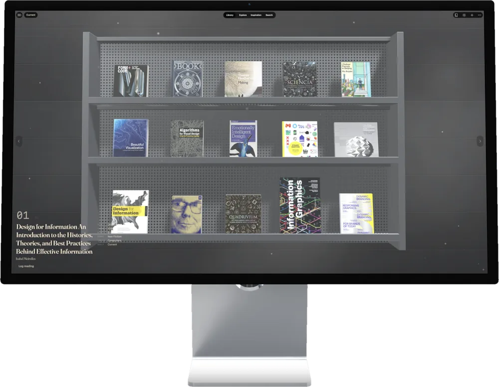 Biblio on a Studio Display: a pegboard bookshelf of 3D hardcovers, the selected book's title and reading log below it.