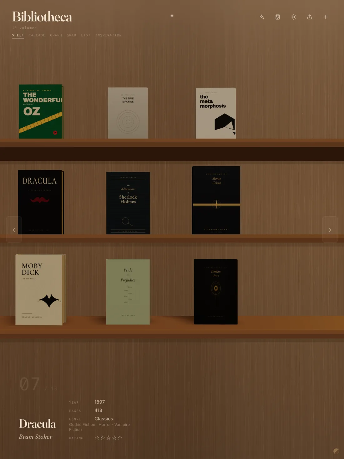 Biblio on iPad: a three-tier wooden bookshelf with hardcovers standing on each tier, Dracula selected.