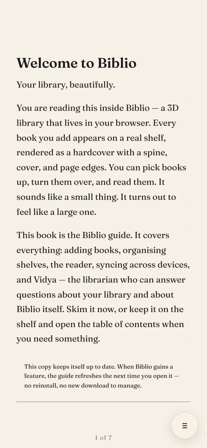 Biblio on iPhone: the reader open to the first page of the Biblio guide, set in a serif face on cream paper.