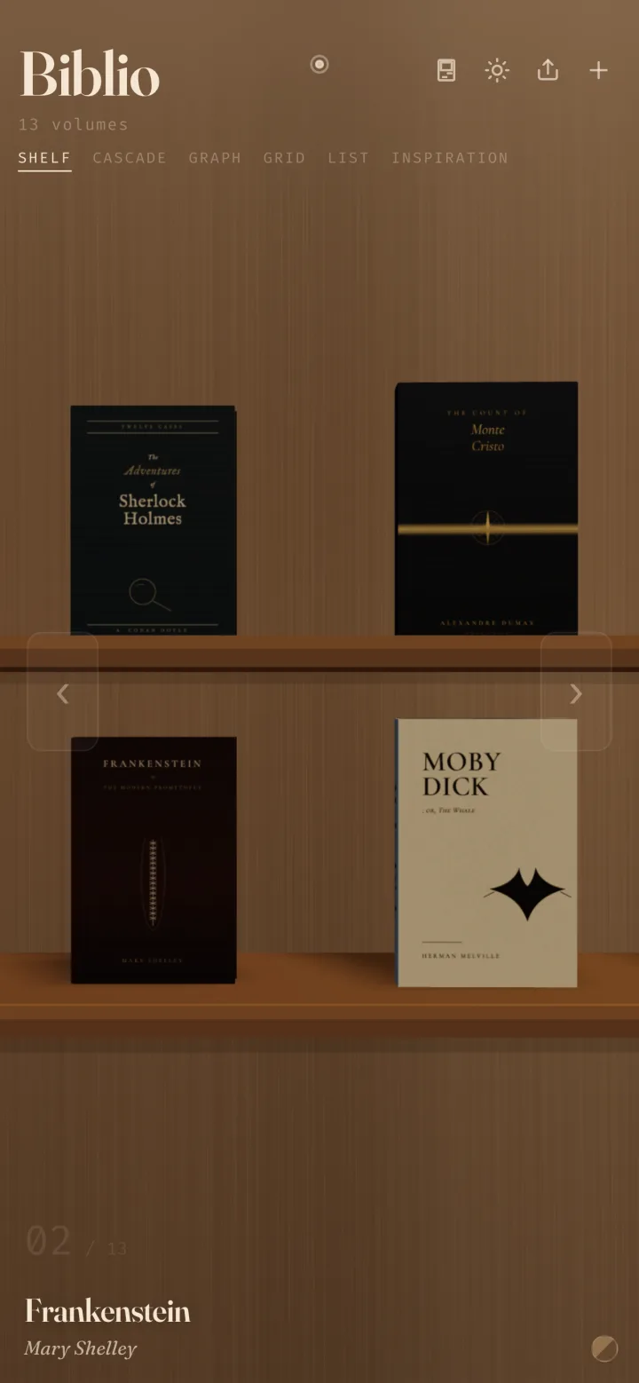 Biblio on iPhone: the same wooden shelf sized for one hand, two books per tier.