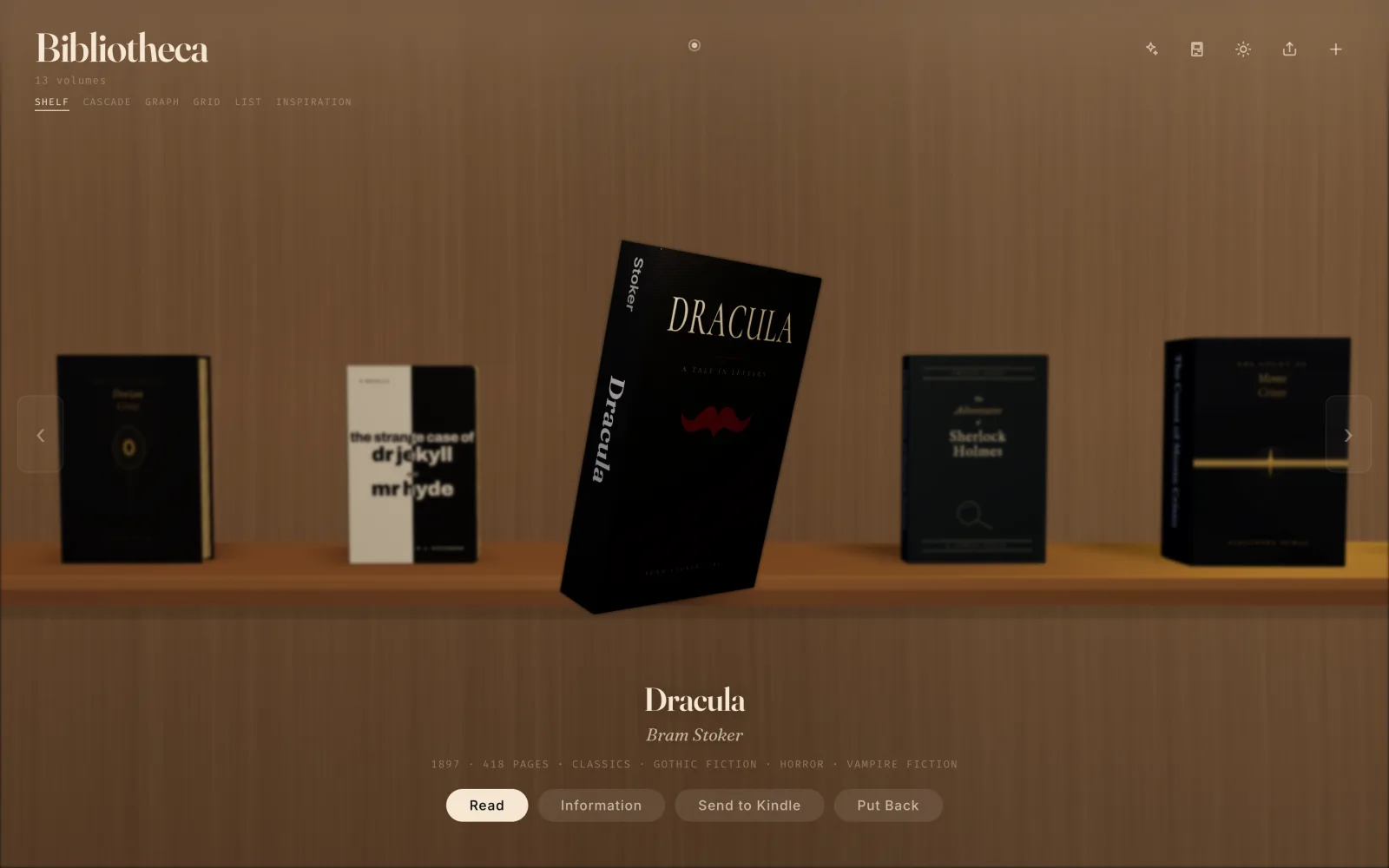 Biblio on Mac: a hardcover of Dracula lifted off a wooden shelf and tilted, with Read, Information and Send to Kindle buttons below it.