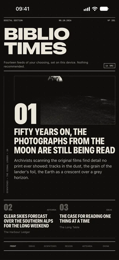 The Digital edition on iPhone: a black grotesk masthead and numbered headlines.