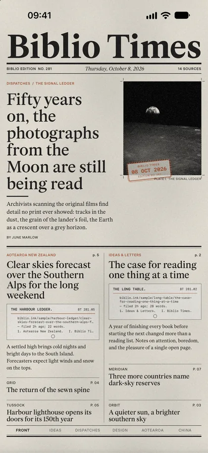 Biblio Times on iPhone: the front page folded in half, the masthead and lead story above the fold.