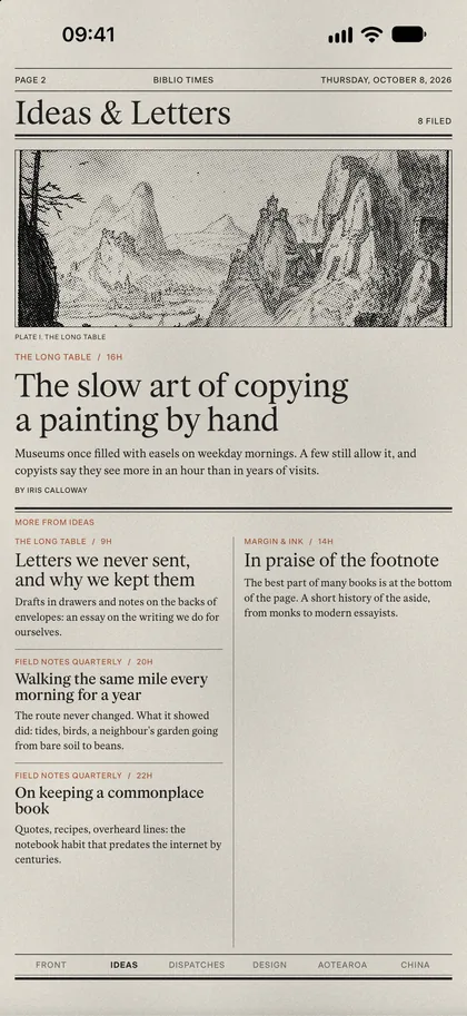 Biblio Times on iPhone: the Ideas and Letters page, a woodcut landscape above its lead story.