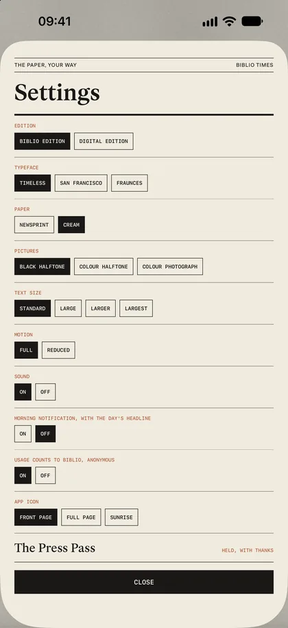 Settings on iPhone: edition, typeface, paper, pictures and type size, each a row of choices.