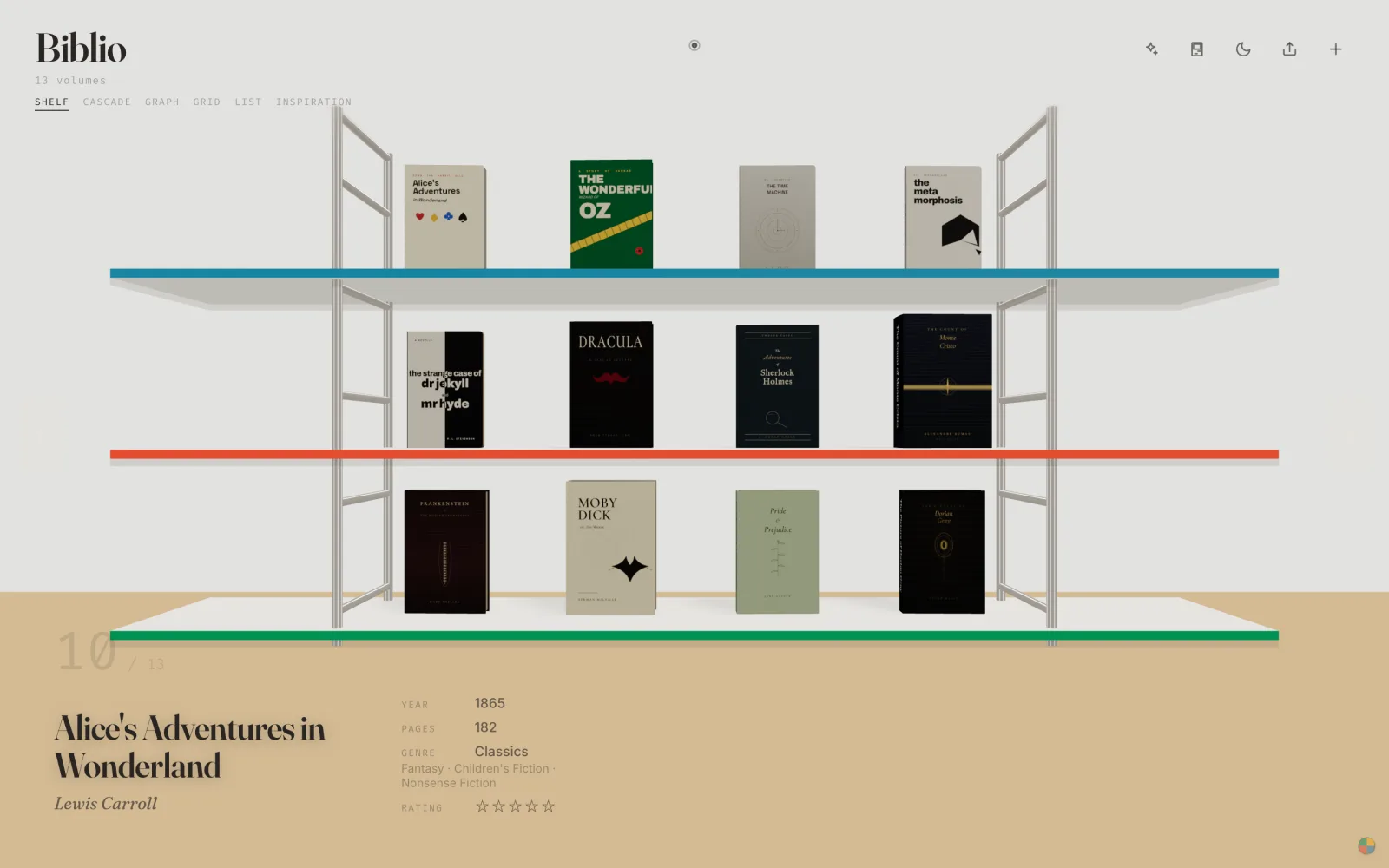 Biblio in a browser: a mid-century shelf with coloured edges against a gallery wall, Alice's Adventures in Wonderland selected.